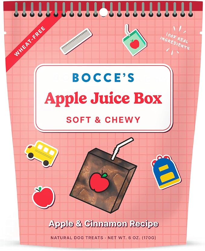 Bocce's Bakery Apple Juice Box Treats for Dogs, Wheat-Free Everyday Dog Treats, Made with Real Ingredients, Baked in The USA, All-Natural Soft & Chewy Cookies, 6 oz