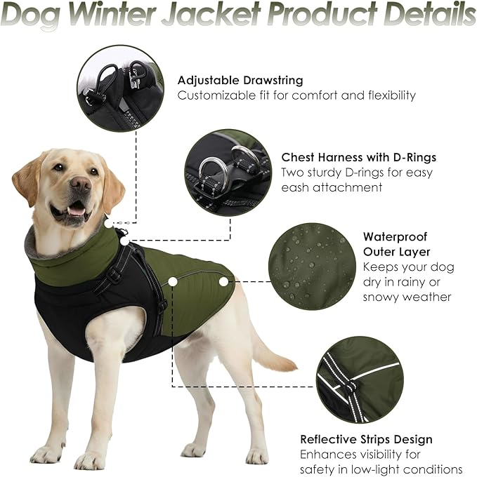 ASENKU Reflective Dog Coat with Built-in Harness, Windproof Fleece-Lined Dog Jacket for Small, Medium, Large Dogs, Warm Winter Vest with Turtleneck & Zipper (Green XL)