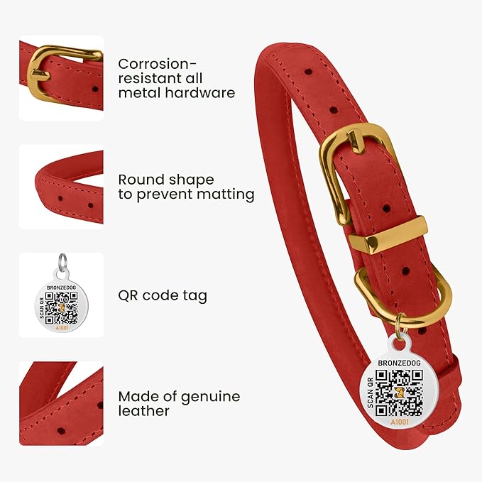 BronzeDog Rolled Leather Dog Collar with QR ID Tag, Adjustable Soft Round Collars for Small Medium Large Dogs Puppy (7" - 10" Neck Size, Classic Red)