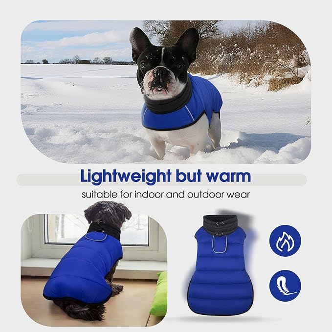 IDOMIK Dog Winter Coat, Warm Waterproof Dog Puffer Jacket with Harness Hole, Adjustable Reflective Snow Jacket Vest with Turtleneck, Pet Cold Weather Coats for Medium Dogs,Blue,M