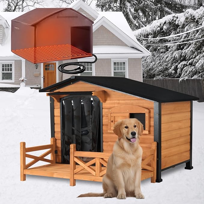 Heated Dog House for Outdoor Use with Matel Frame, Waterproof Design & Heating Blanket - All-Weather Wooden Kennel with Sliding Window & Metal Frame (Wood-H, L)