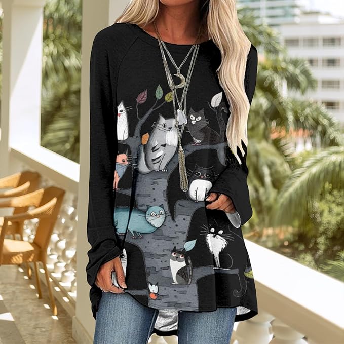 Womens Tunic Shirt Cute Cat Print Long Sleeve Round Neck Women T Shirts Cotton Casual Plus Size Vacation Tunics Tops