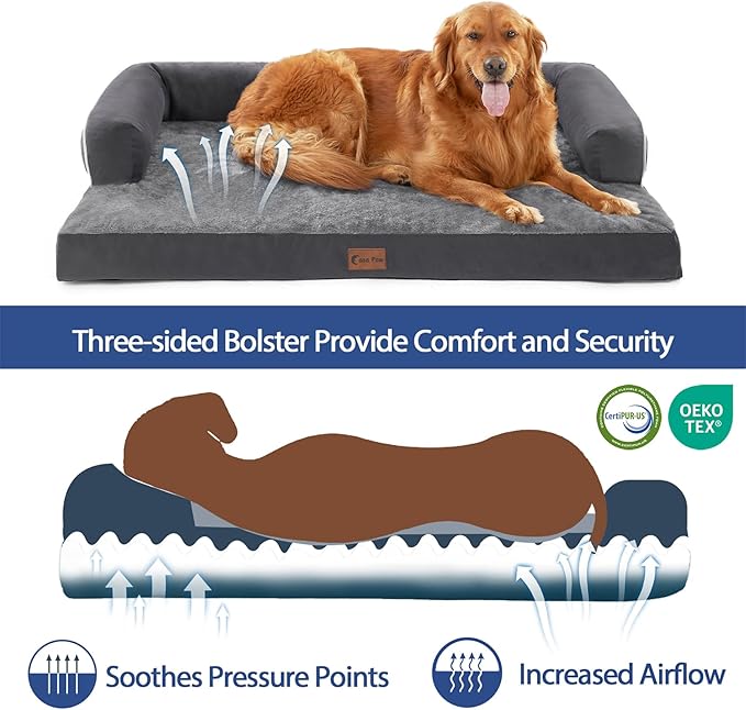 Orthopedic Dog Beds for Large Sized Dogs, Waterproof Egg Crate Foam Large Dog Couch Beds with Comfy Bolster 36x27Inch, Washable Pet Beds with Removable Cover and Nonskid Bottom, Dark Grey