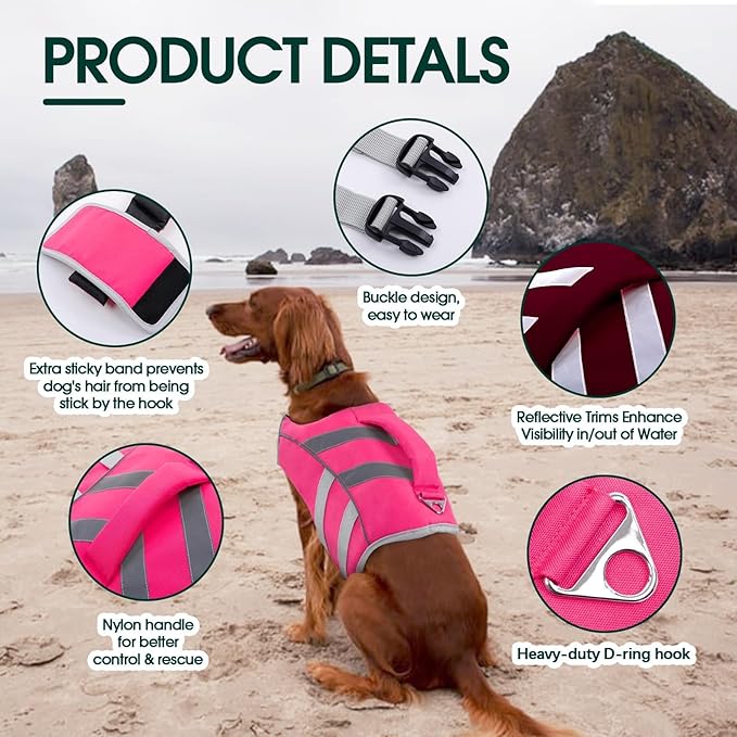 Kuoser Medium Dog Life Jackets - Reflective Swim Vests for Beach & Boating, Pink
