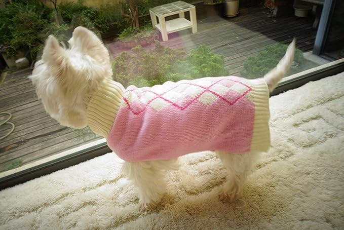 Pink Argyle Knit Dog Sweater for Girl Size Back Length 19" Girth 22-24"