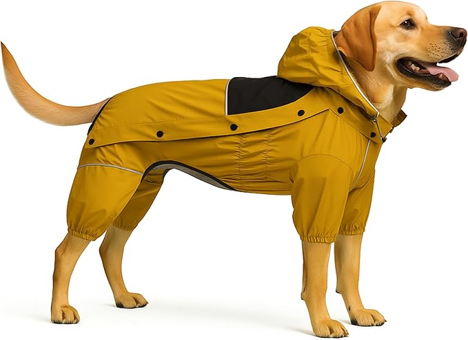 LOVELONGLONG Fleece-Lined Dog Raincoat with Removable Hood – Waterproof Winter Full Body Dog Jacket – Windproof Snowproof Cold-Weather Suit – Yellow-F XS