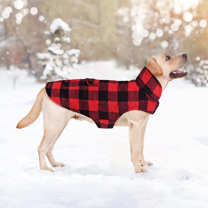 Malier Winter Coat for Dogs - Classic Plaid Fleece Cold Weather Jacket With Pocket, Windproof Warm Vest Clothes for Small Medium Large Dogs (Red, Medium)