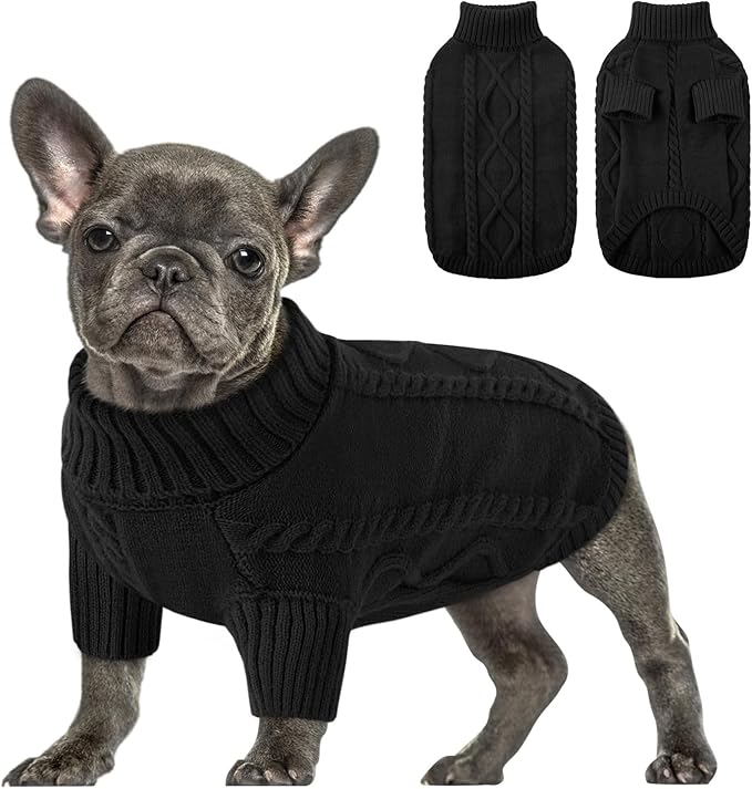 Queenmore Small Dog Pullover Sweater, Cold Weather Cable Knitwear, Classic Turtleneck Thick Warm Clothes for Chihuahua, Bulldog, Dachshund, Pug (Black, Large)