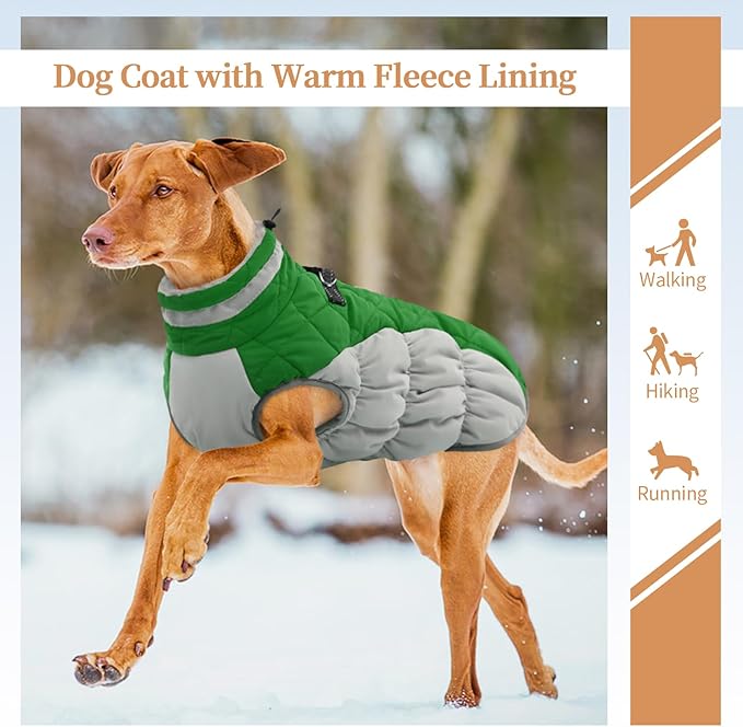 Dog Jackets for Medium Dogs,Medium Dog Coat,Warm Pet Winter Coat Zip Up Back,Waterproof Dogs Jacket with D-Ring,Pet Cold Weather Coats with Fleece Lined, Snowsuit Pug Boston Terrier,Green,M
