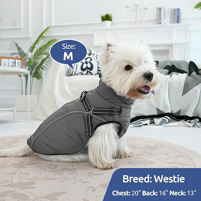 Dog Winter Coat with Harness Built in Warm Puffer Dog Jackets for Small Medium Large Dogs Windproof Waterproof Outfit with Plush Lining and Reflective Stripes (Brown, S)