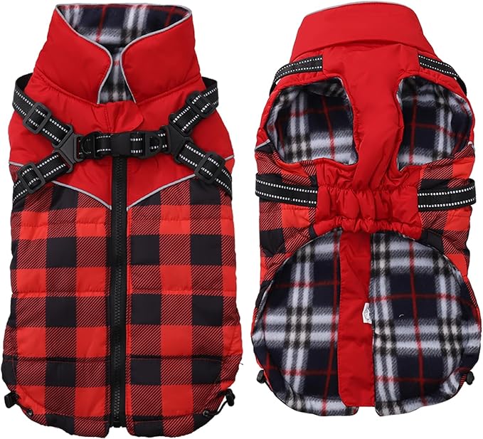 Dog Coat with Harness,Small Dog Winter Coat,Doggie Jackets with Built in Harness,Adjustable Warm Jacket for Medium Large Dogs,Pet Puppy Cold Weather Coats for Dogs Waterproof (PlaidRed, XX-Large)