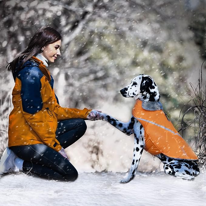 VIVAGLORY Snowrap Dog Coat, Jacket with Harness Hole & Velcro Closure, Dog Coat for Winter & Cold Weather, Fluffy Warm Fleece Lined Reflective Water Resistant for Puppy, S, Orange