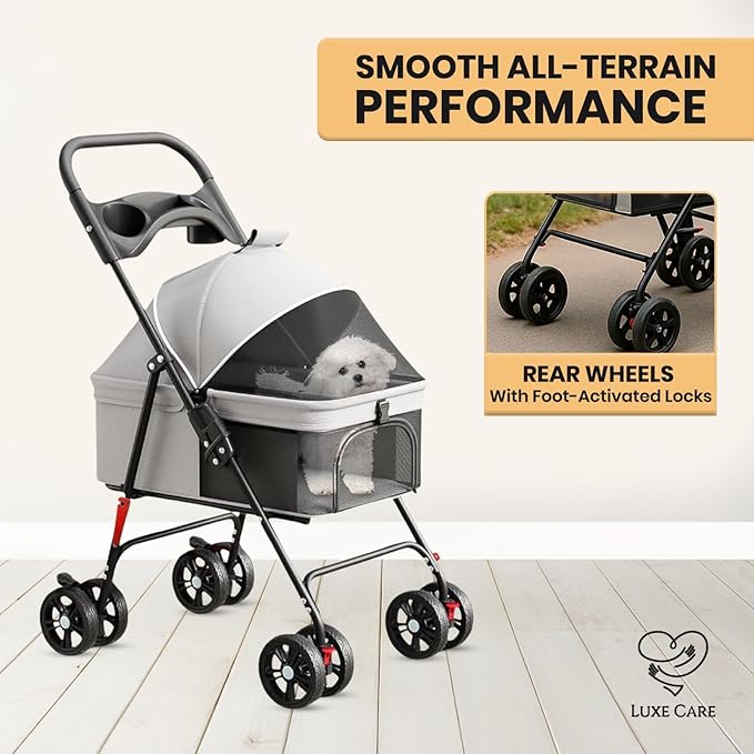 Luxe Haus 4 Wheel Foldable Pet Stroller - Lightweight Dogs and Cats Stroller Upto 44lbs with Mesh Canopy, Storage Basket and Cup Holder, Durable for Walks and Outings (Small)