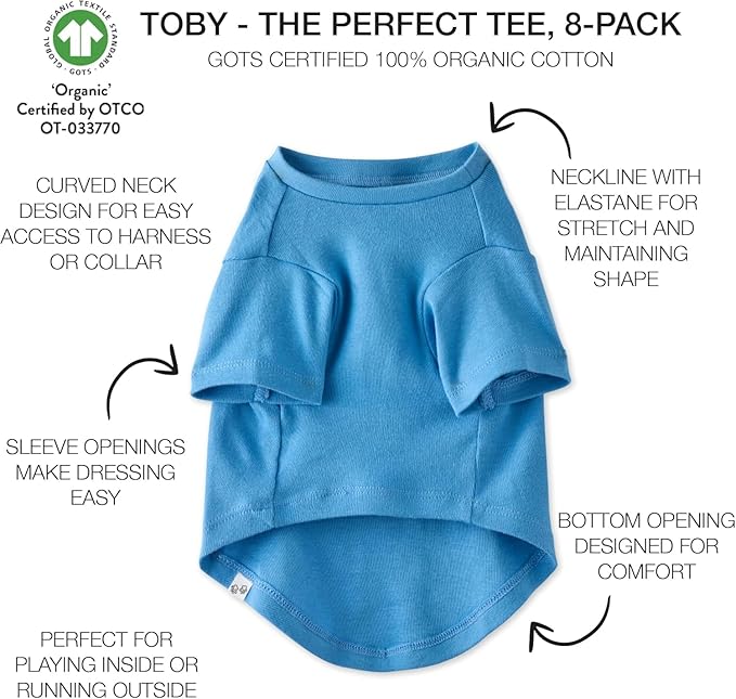 Toby II - The Perfect Tee, 8 Pack Short Sleeve Pet T-Shirt 100% Organic Cotton Tees Clothes for Small, Medium, Large Dogs, Rainbow Blue, Large