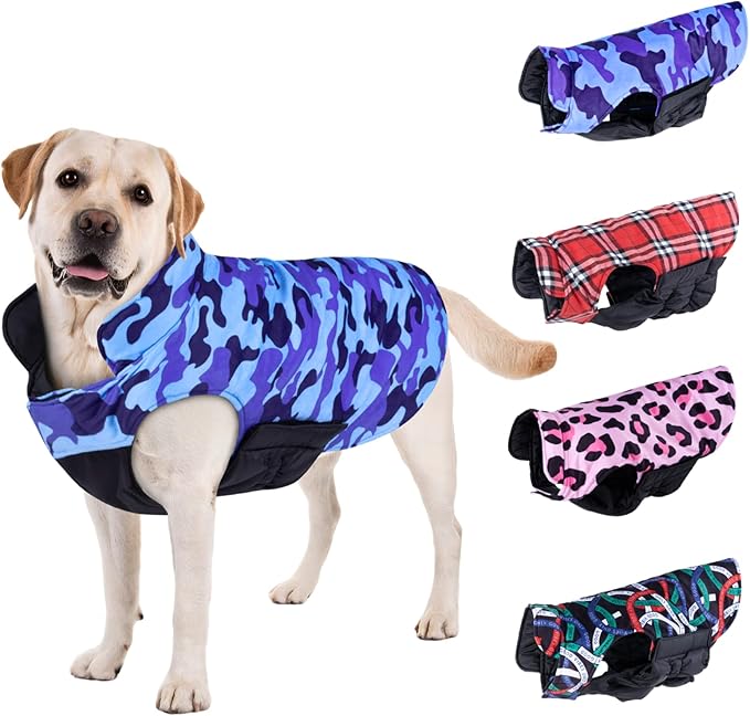 CuteBone Winter Dog Jacket - Windproof & Waterproof, Reversible & Adjustable for Small to Large Dogs - Warm Cold Weather Coats with Leash Hole