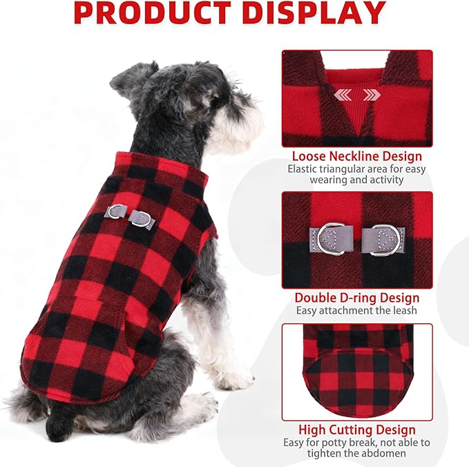 KOOLTAIL Dog Fleece Vest Sweater, Warm Puppy Christmas Jacket with Dual Leash D-Ring and Pocket for Small Medium Dogs, Cozy Soft Pet Winter Cold Weather Coats Fall Clothes Hoodie Boy Girl,Red Plaid M