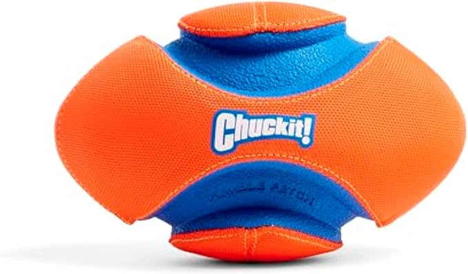 Chuckit! Fumble Fetch Dog Football - Outdoor and Indoor Interactive Dog Toy with Grooved Design for Easy Pickup - Made from Durable Rubber - Floats in Water - Small - Orange and Blue