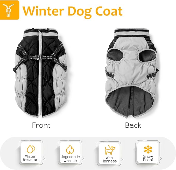 Dog Winter Coat with Harness, Dog Jacket, Pet Clothes with Zipper on Back, Waterproof Windproof Warm Vest, Reflective Cold Weather Coats, for Small Medium Large Dogs, Thick, Black, 2XL