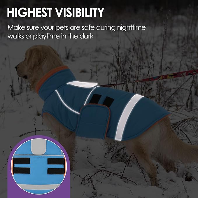 SUNFURA Dog Coat, Large Dog Jacket for Cold Weather, Reflective Winter Coat with Hook & Loop Closure, Easy On Pet Winter Jacket Snowsuit for Large Dogs, Turquoise L