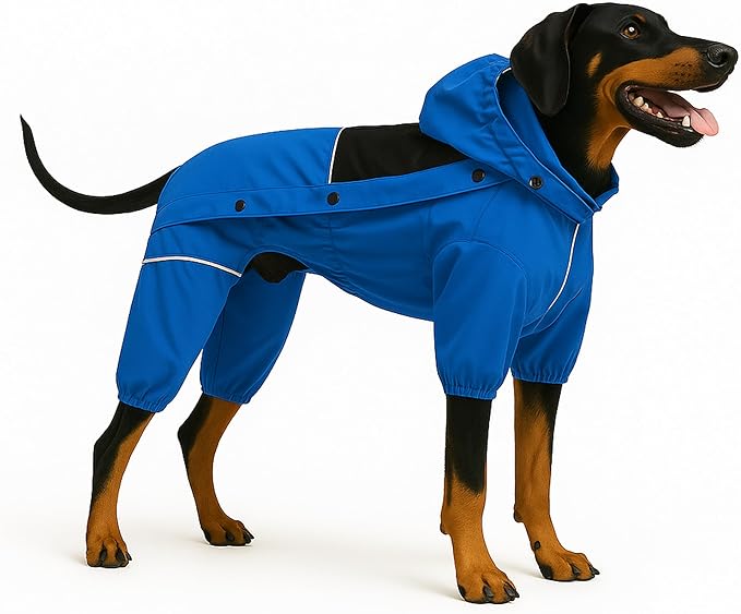 LOVELONGLONG Waterproof Dog Raincoat with Removable Hood – Outdoor Full Body Dog Jacket, Windproof Snowproof Shell Suit – All Season Pet Rain Gear Blue M