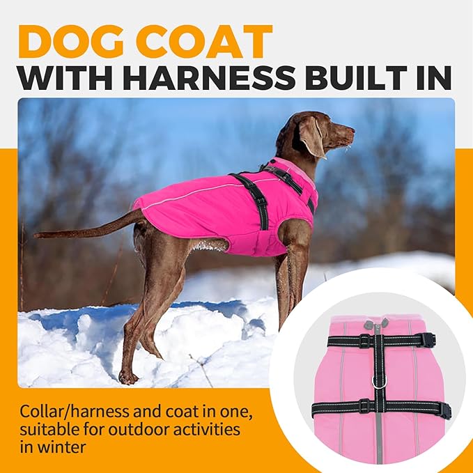 Lelepet Dog Winter Coat Waterproof Dog Jacket with Harness Built in Windproof Reflective Pet Coats for Small Medium Large Dogs, Thermal Fleece Lined Coats for Cold Weather Walking Hiking, Pug, M
