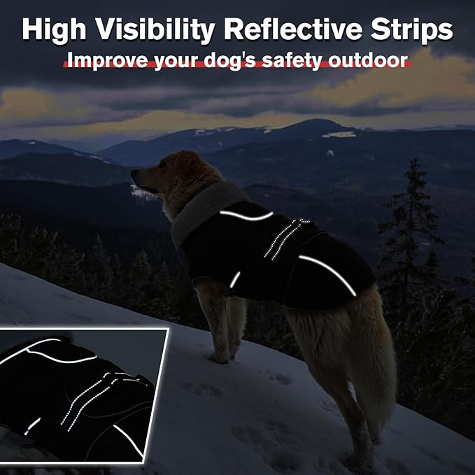 Lelepet Warm Dog Coats for Large Dogs Waterproof Dog Jacket Reflective Pet Fleece Vest Windproof Cold Weather Coats with Adjustable Buckle & Leash Hole, Black, XL