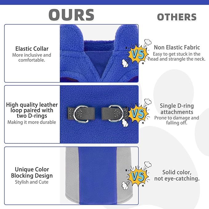 KOOLTAIL Small Dog Sweater - Dog Fleece Vest Jacket with Leash D-Ring for Small Medium Dogs, Soft Pullover Winter Warm Cold Weather Coats, Pet Fall Clothes Outfit for Puppy Cat Boys&Girls, Blue XS