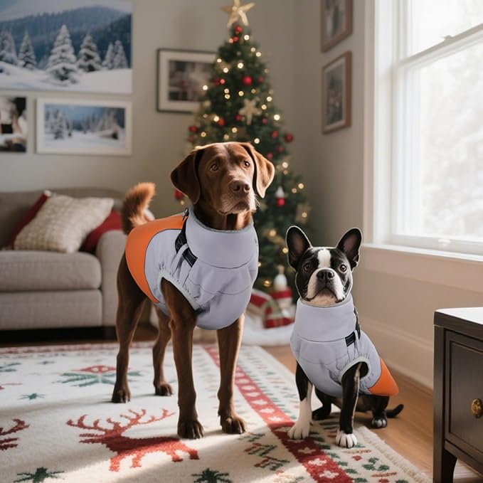 DENTRUN Dog Coat with Harness Built in, Extra Large Water-Repellent Dog Jacket, Turtleneck Windproof Reflective Strips for Great Dane, Orange, XXXL