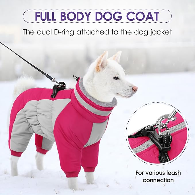 SUNFURA Full Body Dog Coat - Warm Fleece Jacket for Medium Dogs, Turtleneck Winter Coats with Harness, Reflective Dog Snowsuit Windproof Puffer Jackets with Legs for Boston Terrier, Hot Pink M
