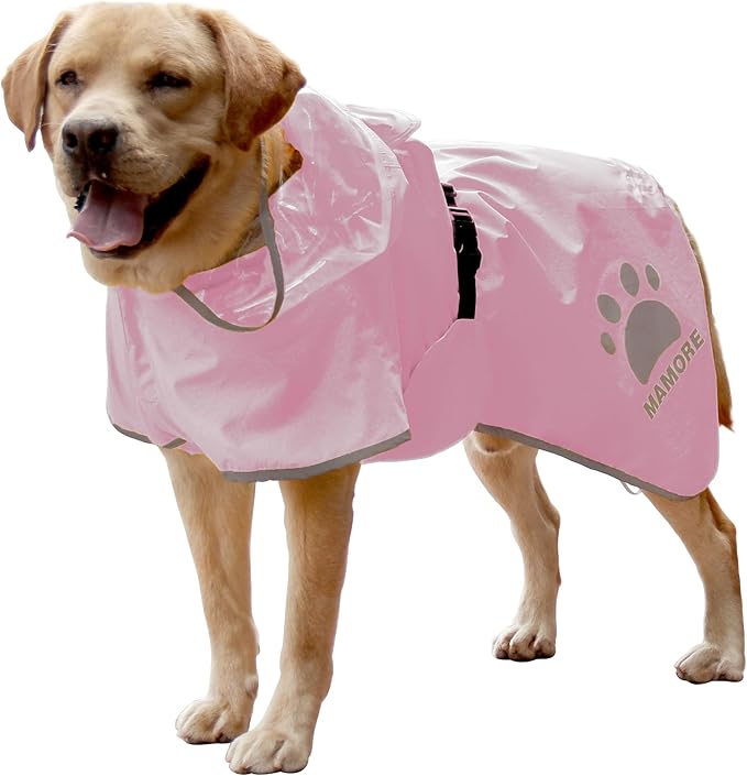 MAMORE Dog Raincoat Waterproof, Lightweight Adjustable Dog Rain Coat Hooded Poncho with Reflective Strip for Large Medium Small Dogs(Pink, Large)