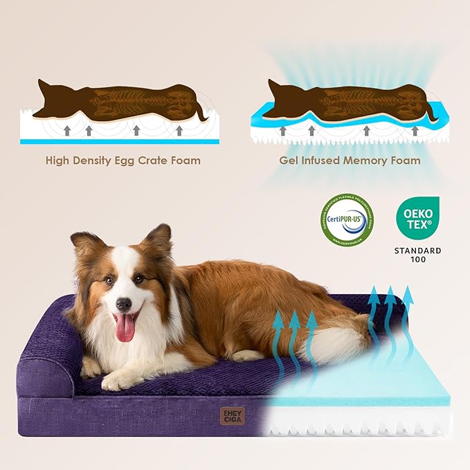 EHEYCIGA Memory Foam Dog Bed Large Sized Dogs, Pet Bed for Large Dog for Crate with Waterproof Liner, Pet Couch Bed Orthopedic with Washable Removable Cover, 35x23x6 Inches, Purple