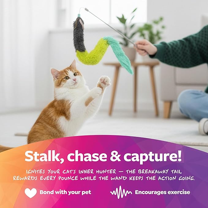 SmartyKat Crazy Catch 3 Part Breakaway Plush Catnip Wand Cat Toy, Extendable for Capturing Prey & Solo Play for Cats & Kittens