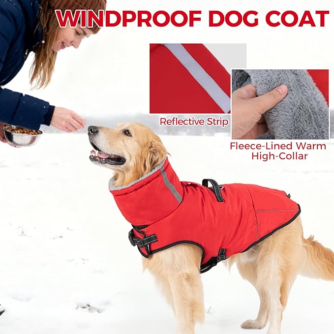 Mihachi Dog Coat for Large Dogs, Warm Dog Winter Coat Waterproof Dogs Jacket with Harness Built in Reflective Pet Fleece Vest, Puppy Cold Weather Coats Turtleneck & Windproof Pet Snowsuit, Red XL