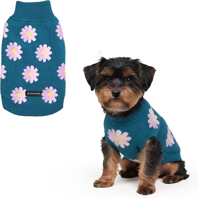 Spark Paws Knit Dog Sweater – Ultra Soft Warm Winter Dog Sweater for Small, Medium & Large Dogs – Stretch Fit Pet Sweater for French Bulldog, Pitbull, Girl & Boy Dogs Jacket, (Flower,S)