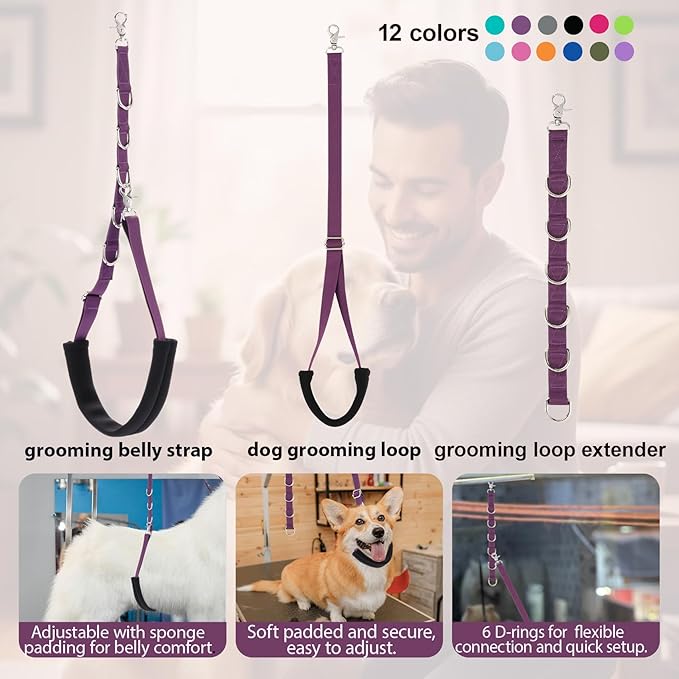 Dog Grooming Belly Straps Belly Band & Loop Extension Set - Adjustable & Comfortable Grooming Tools for Pet Grooming Tables Arms and All Dog Breeds (Purple)