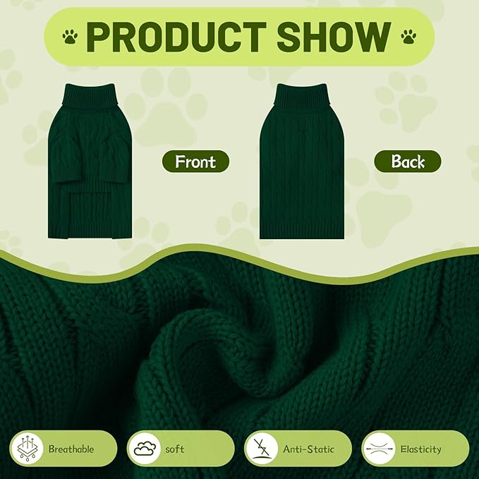 Small Dog Thermal Pullover Sweater, Classic Turtleneck Cable Knitwear Dog Clothes for Cold Weather Warm Pet Clothes for Chihuahua, Bulldog, Dachshund, Pug Green X-Large