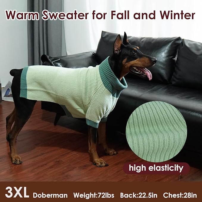 Extra Large Dog Sweater, Sleeve Turtleneck Sweater with Harness Hole, Christmas Pullover Sweaters for Dogs Boy Girl, Winter Dog Jumper for Rottweiler, Alaskan, Great Dane, Green 4XL