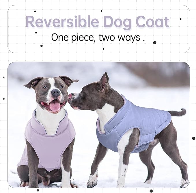 Lelepet Reversible Dog Coat Waterproof Dog Jacket Windproof Puffer Vest for Winter Warm Lightweight Coats for Small Dogs Adjustbale Hook & Loop Pet Apparel with Leash Hole, Pug, Purple, M