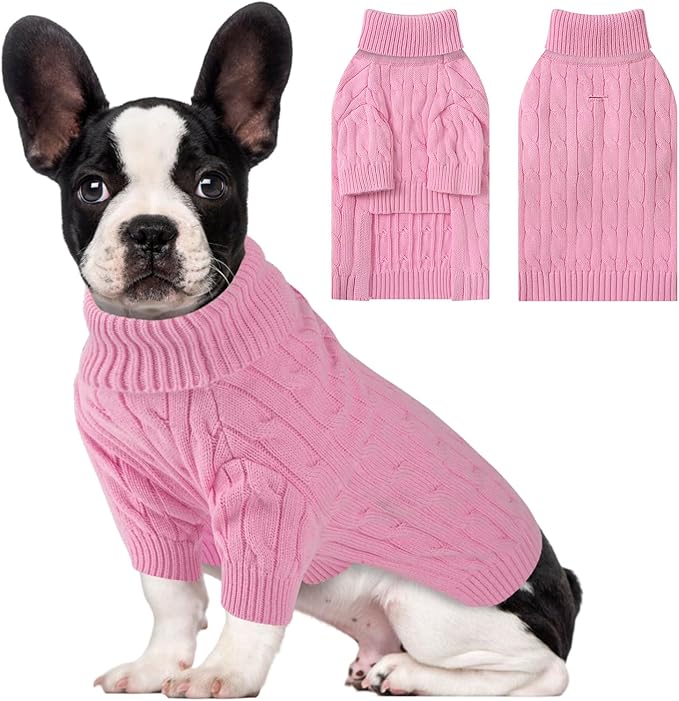 Small Dog Thermal Pullover Sweater, Classic Turtleneck Cable Knitwear Dog Clothes for Cold Weather Warm Pet Clothes for Chihuahua, Bulldog, Dachshund, Pug Pink Large