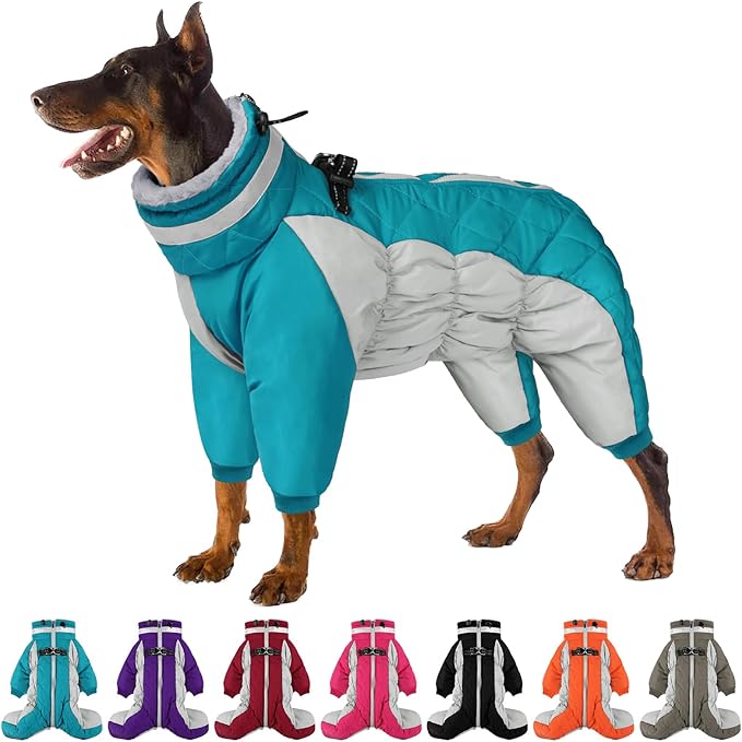 SUNFURA Full Body Dog Coat - Warm Fleece Jacket for Large Dogs, Turtleneck Winter Coats with Harness, Reflective Windproof Dog Snowsuit with Legs for Labrador,Golden Retriever, Turquoise 2XL