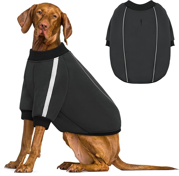 Queenmore Fleece Dog Sweater for Male Dogs, Soft Pullover Dog Sweatshirt with Leash Hole/Reflective Stripes – Cozy Winter Fleece Jacket for Small Medium Large Boy Puppy, Grey XXL
