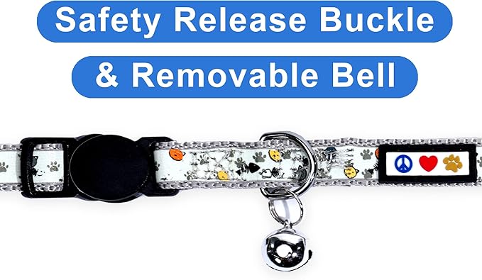 Pawtitas Pet Glow In The Dark Cat Collar with Safety Buckle and Bell Grey Hook