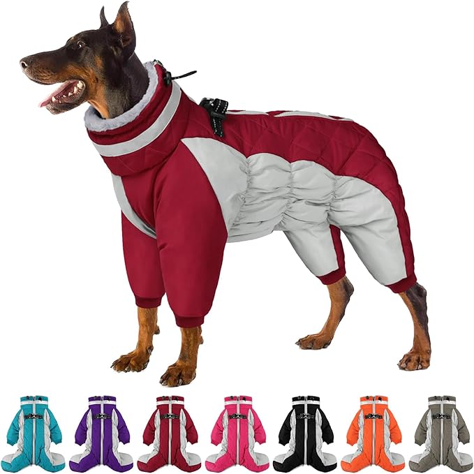SUNFURA Full Body Dog Coat - Warm Fleece Jacket for Large Dogs, Turtleneck Winter Coats with Harness, Reflective Windproof Dog Snowsuit with Legs for Labrador,Golden Retriever, Burgundy 2XL