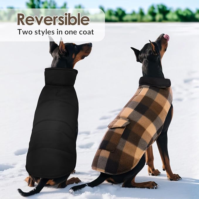 ASENKU Dog Winter Jacket Plaid Reversible Vest, Waterproof Dog Coat for Cold Weather, Perfect for Small to Large Dogs (Coffee, XS)
