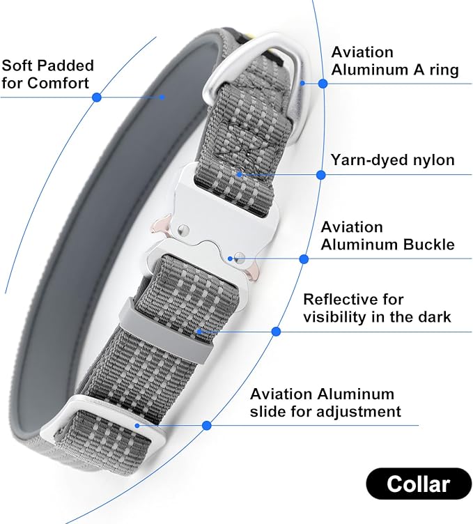 Plutus Pet Reflective Dog Collar with Aviation Aluminum Buckle, Neoprene Padded for Comfort, Lightweight, Heavy Duty Nylon Collar for Puppy Small Medium Large Dogs (Gray, L)
