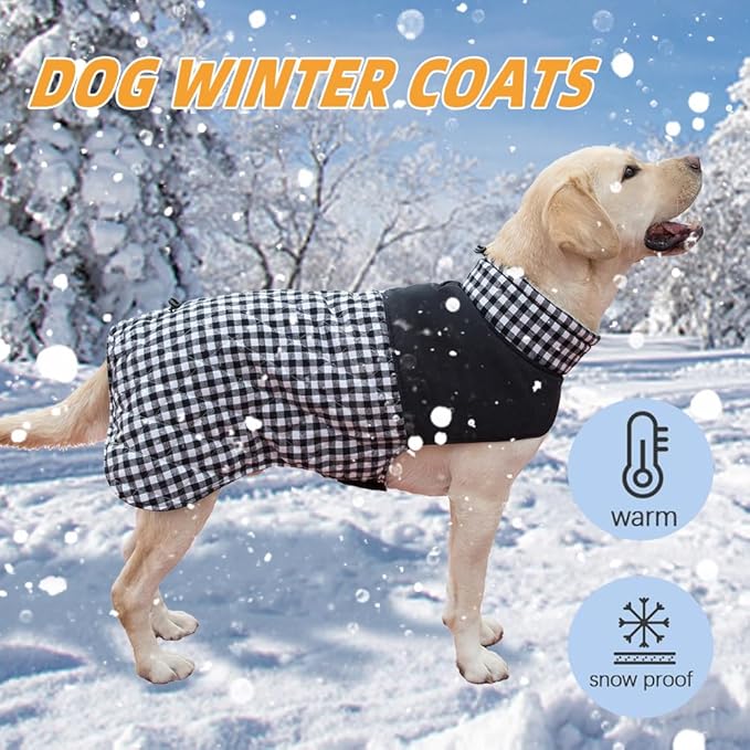 Dog Jackets for Winter, Reversible Dog Coat Windproof Waterproof Jackets for Cold Weather, British Style Plaid Coats Warm Vest for Small Medium Large Dogs (Black, 4XL)