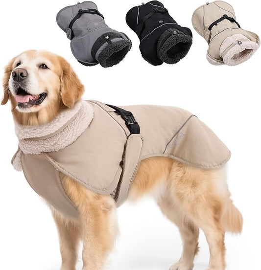 Adjustable Dog Coat with Harness Slot, Waterproof Fleece Lined Winter Jacket, Windproof Reflective Pet Vest for Cold Weather for Small Medium Large Dogs (Beige, Medium)