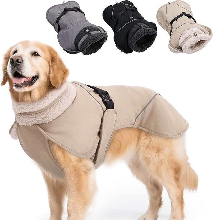 Adjustable Dog Coat with Harness Slot, Waterproof Fleece Lined Winter Jacket, Windproof Reflective Pet Vest for Cold Weather for Small Medium Large Dogs (Beige, X-Large)