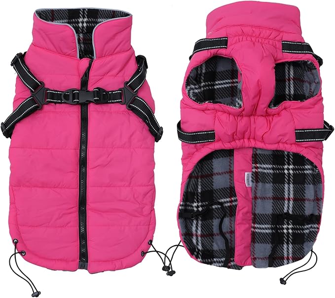 Winter Warm Coat Geyecete Waterproof Dog Jacket with Harness Traction Belt,Pet Outdoor Jacket Autumn and Winter Clothes for Medium, Small Dog-Pink-L