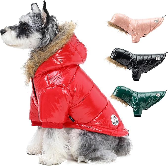 PINA Dog Winter Coat with Faux Fur Hood, Windproof and Warm, Red, S - Suitable for Small to Large Dogs